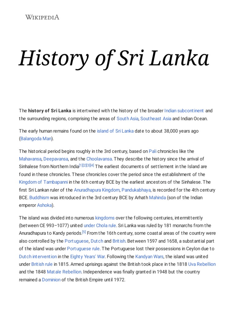 Overview of Sri Lanka's History PDF Sri Lanka