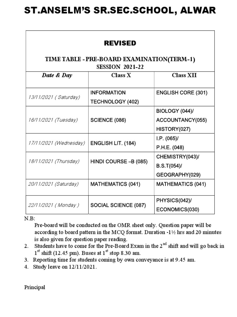 Revised Time Table Pre Board PDF