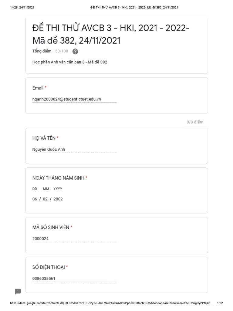 ĐE THI THU AVCB 3 - HKI, 2021 - 2022- Mã đề 382, 24 - 11 - 2021 | PDF ...