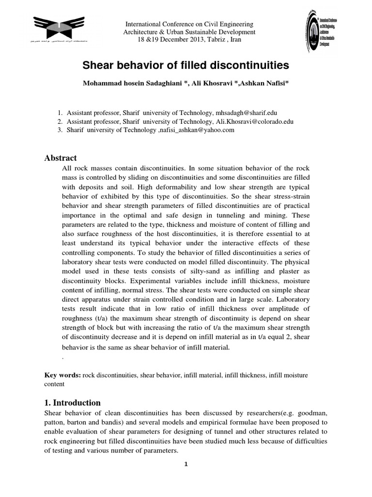 Shear Behavior of Filled Discontinuities PDF Strength Of Materials
