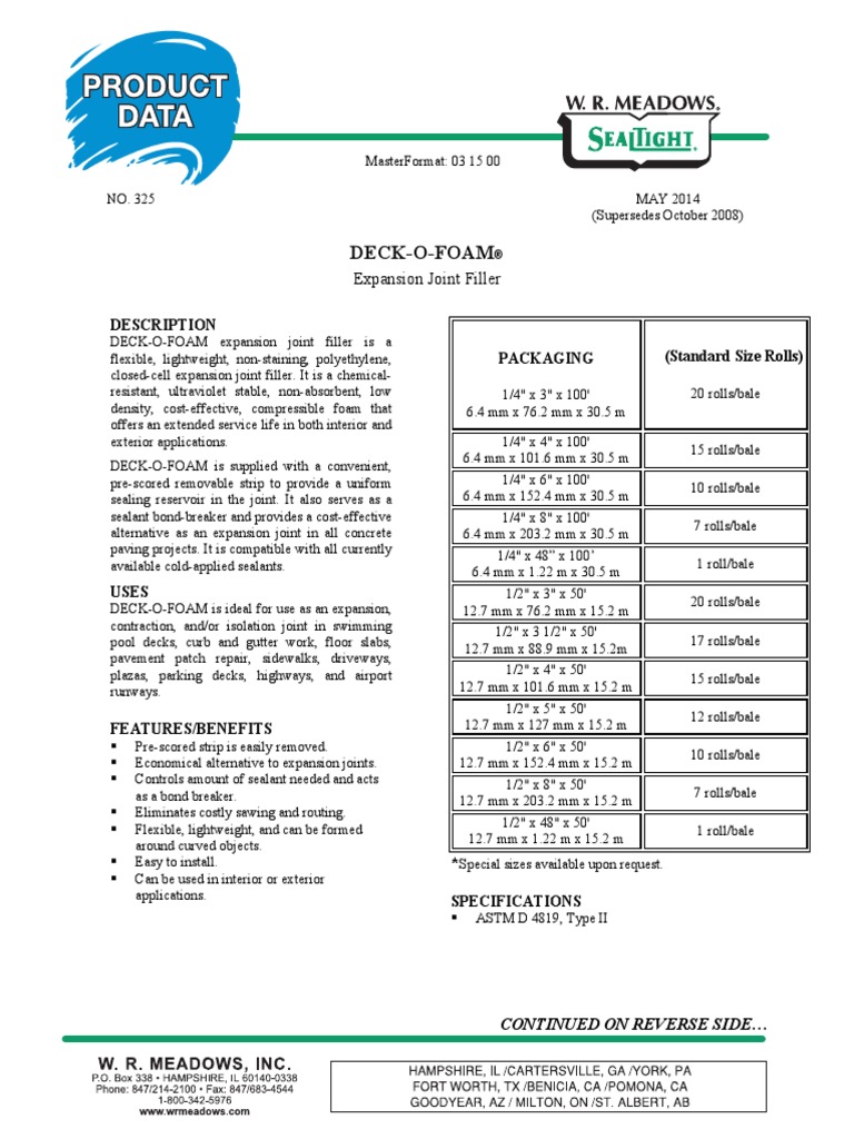 DeckOFoam Expansion Joint Filler PDF Sidewalk Building Engineering