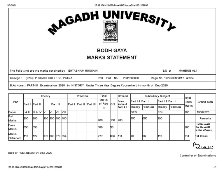 Magadh University BA Part 3 Marksheet | PDF | Academic Degree ...