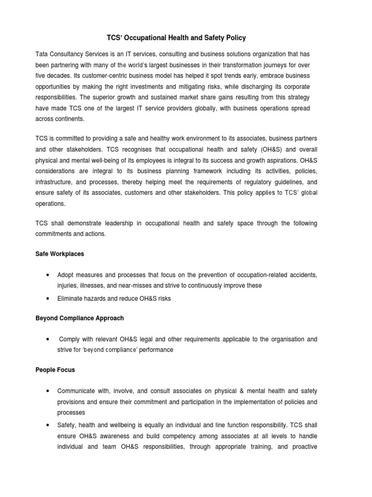 TCS Occupational Health & Safety Policy | PDF | Occupational Safety And ...