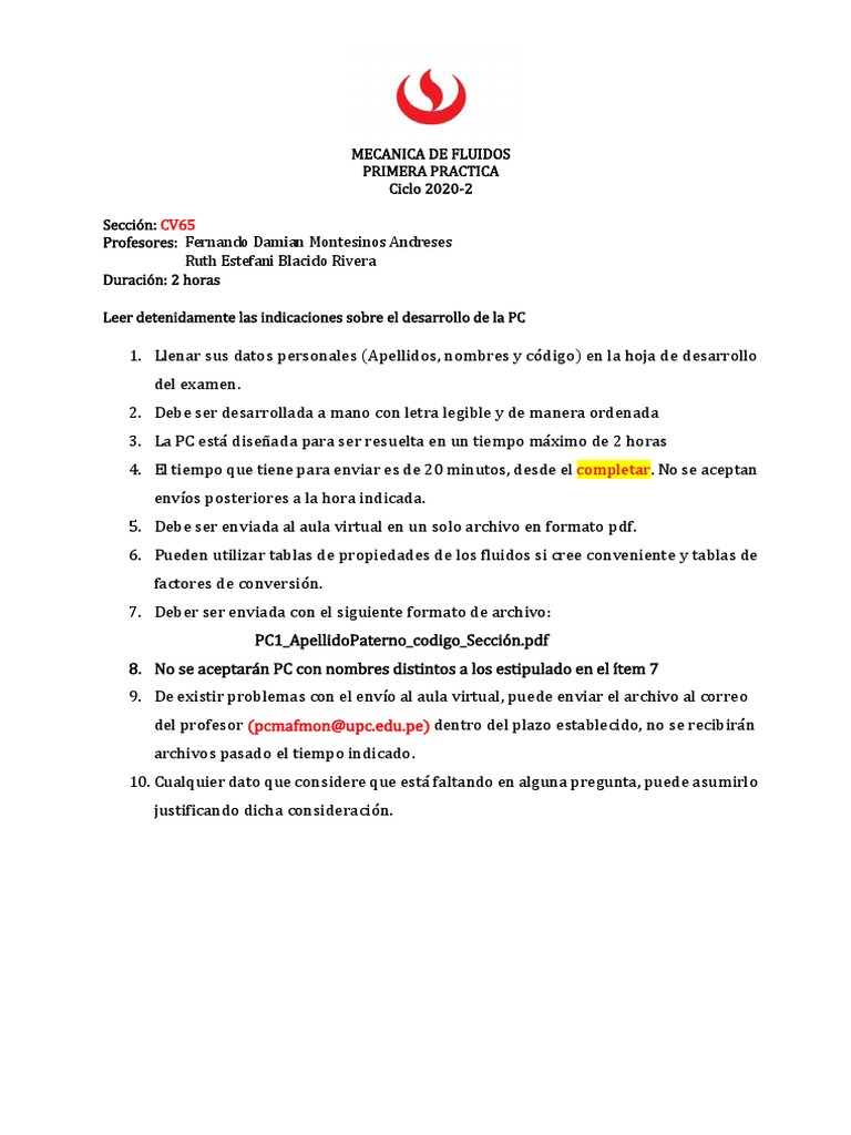 Pc1 2020 02 Mecanica de Fluidos | PDF | Viscosidad | Líquidos