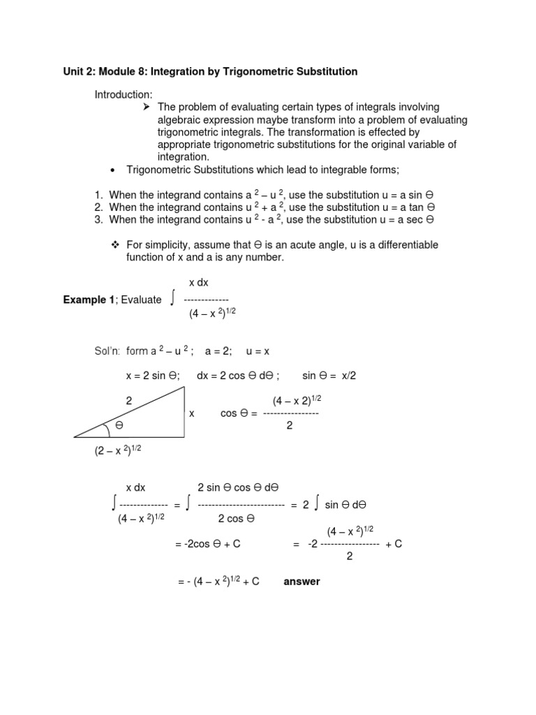 Trigonometric Substitution in Integration | PDF | Integral ...