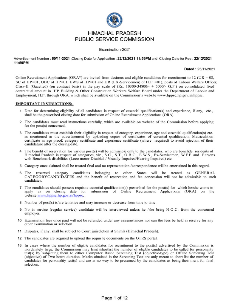HP Labour Welfare Officer Recruitment 2021 | PDF | Test (Assessment)