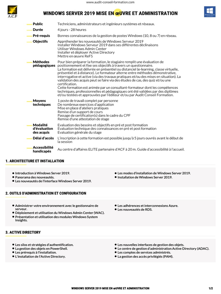 Formation Windows Server 2019 : Mise en Œuvre et Administration | PDF ...