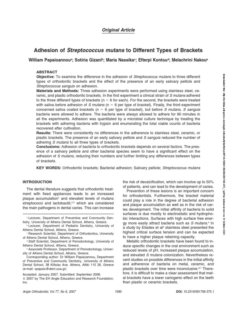 Adhesion of Streptococcus Mutans To Different Types of Brackets | PDF ...