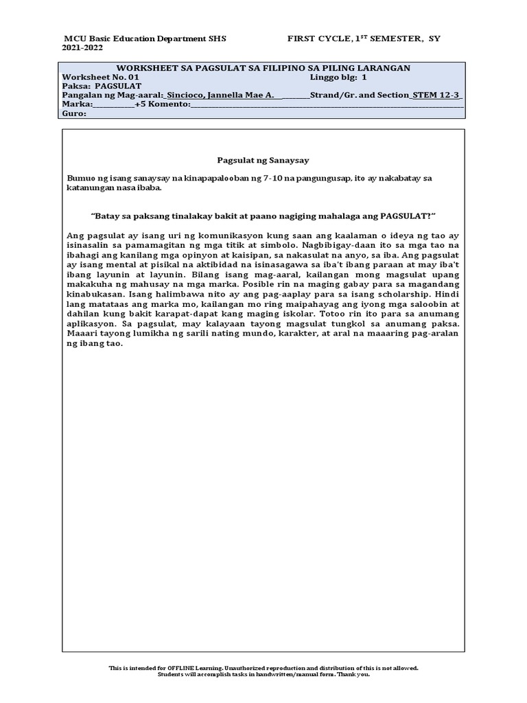 Worsheet 1-Aralin 1 (Pagsulat) | PDF