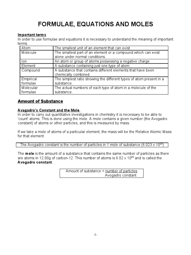 01 Formulae - Equations and Moles (1 - A) | PDF | Science & Mathematics