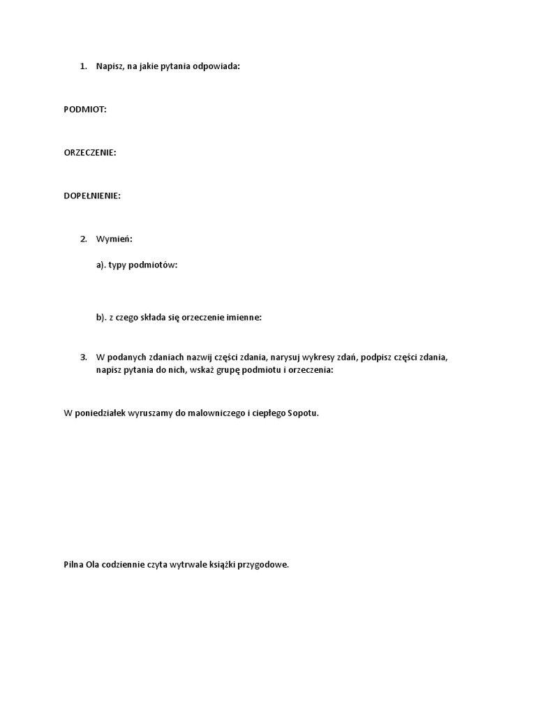 Podmiot I Orzeczenie Karty Pracy Klasa 5