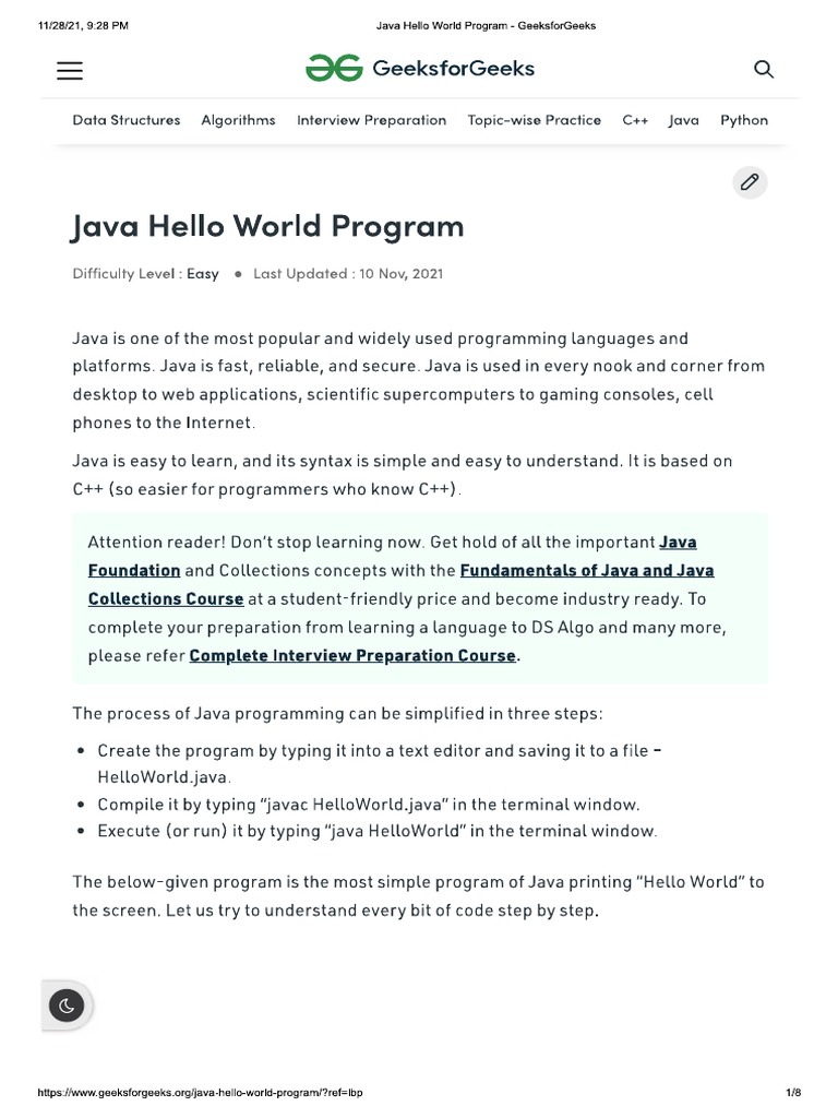 Java Hello World Program | PDF