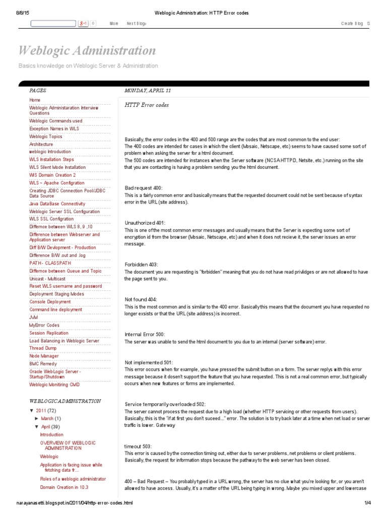 WebLogic HTTP Error Codes Guide | PDF | Networking | Web Server