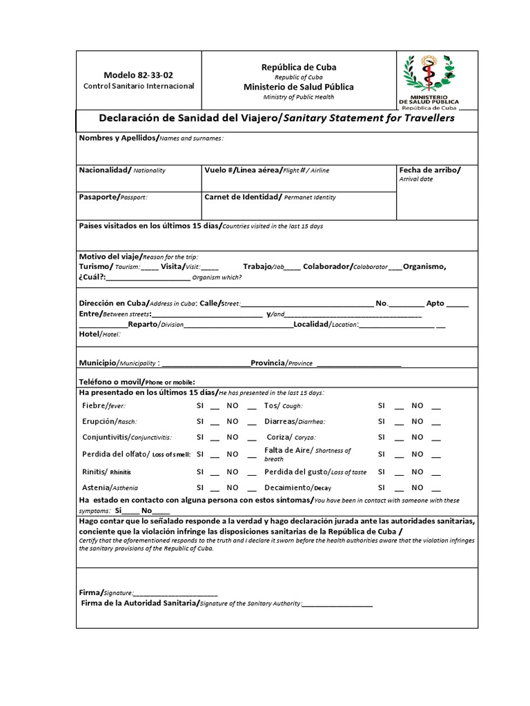 Modelo 82 33 declaracion de sanidad del viajero cuba pdf