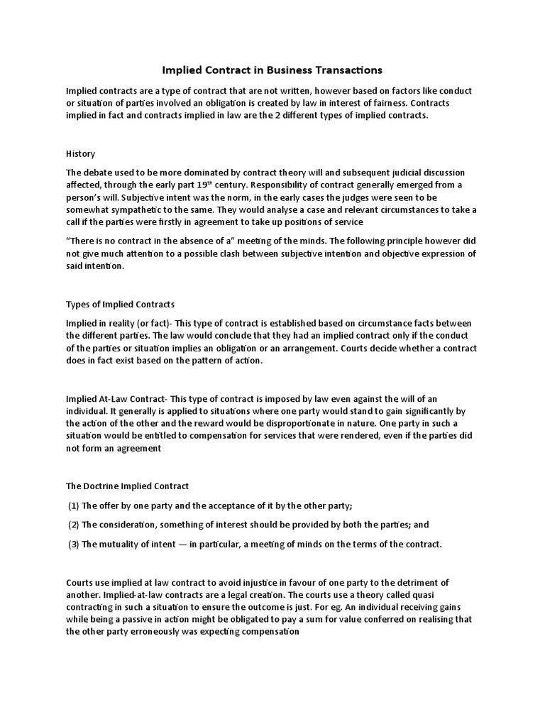 Understanding Implied Contracts Types, Elements, Case Laws, and