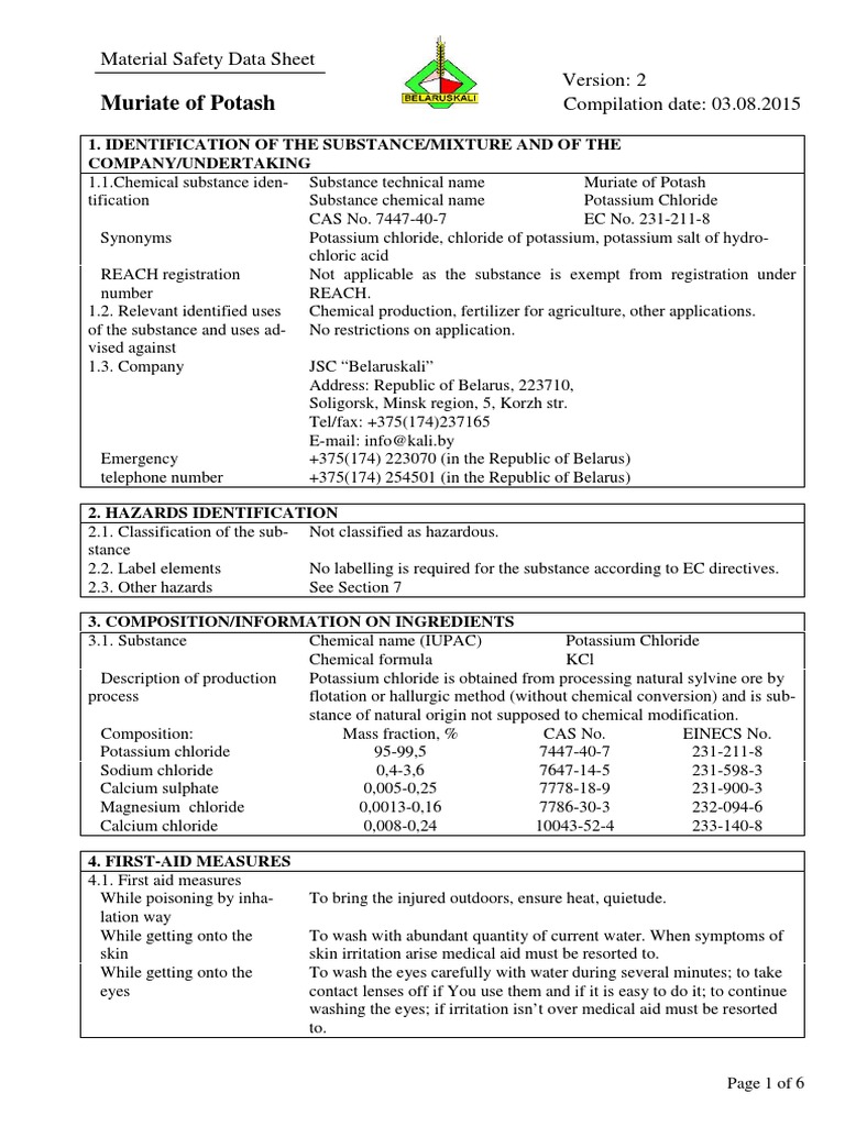 Muriate of Potash Material Safety Data Sheet Compilation Date 03.08.
