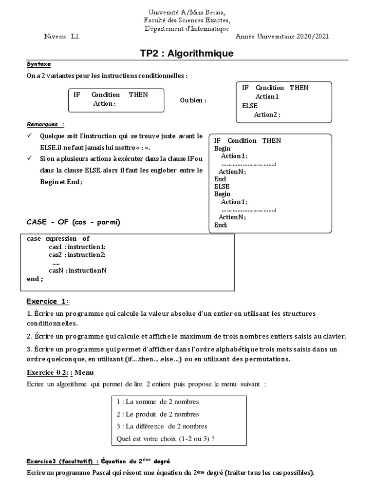 TP2 : Algorithmique et Structures Conditionnelles | PDF | Programmation ...