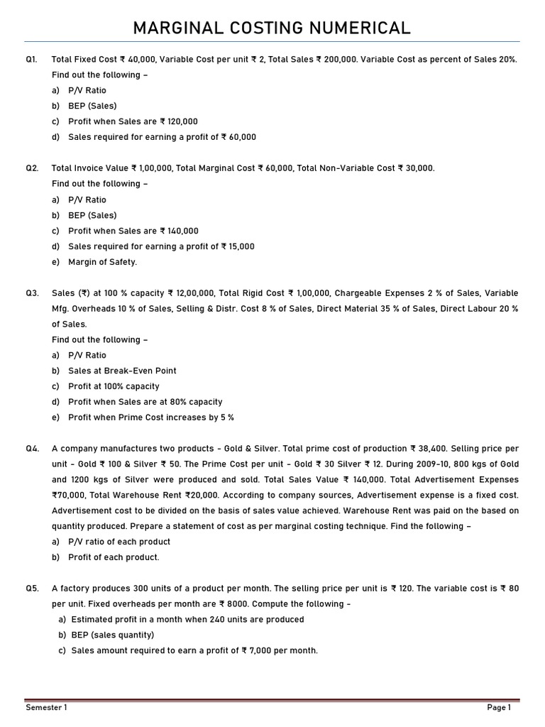 Marginal Costing Numerical Problems | PDF | Marketing | Profit (Economics)