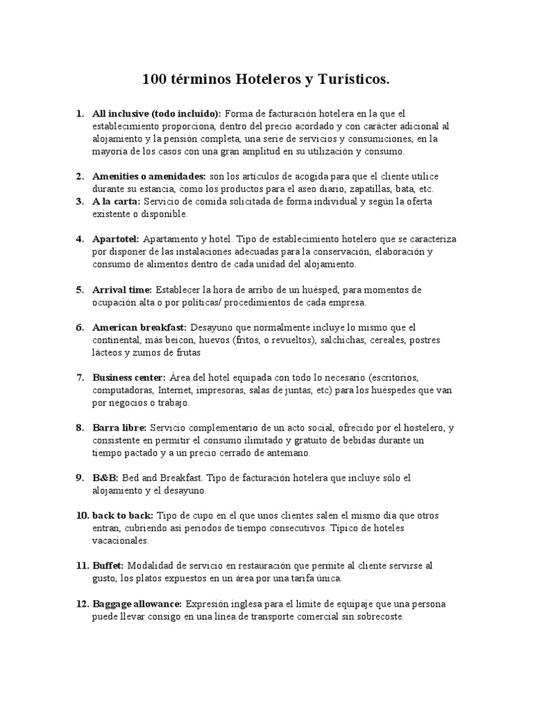100 Términos Clave en Hotelería | PDF | Hotel | Turismo