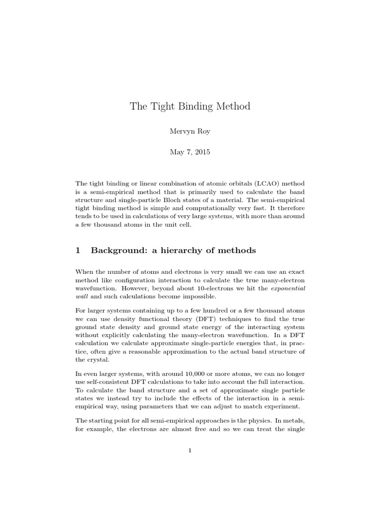 The Tight Binding Method: 1 Background: A Hierarchy of Methods | PDF ...