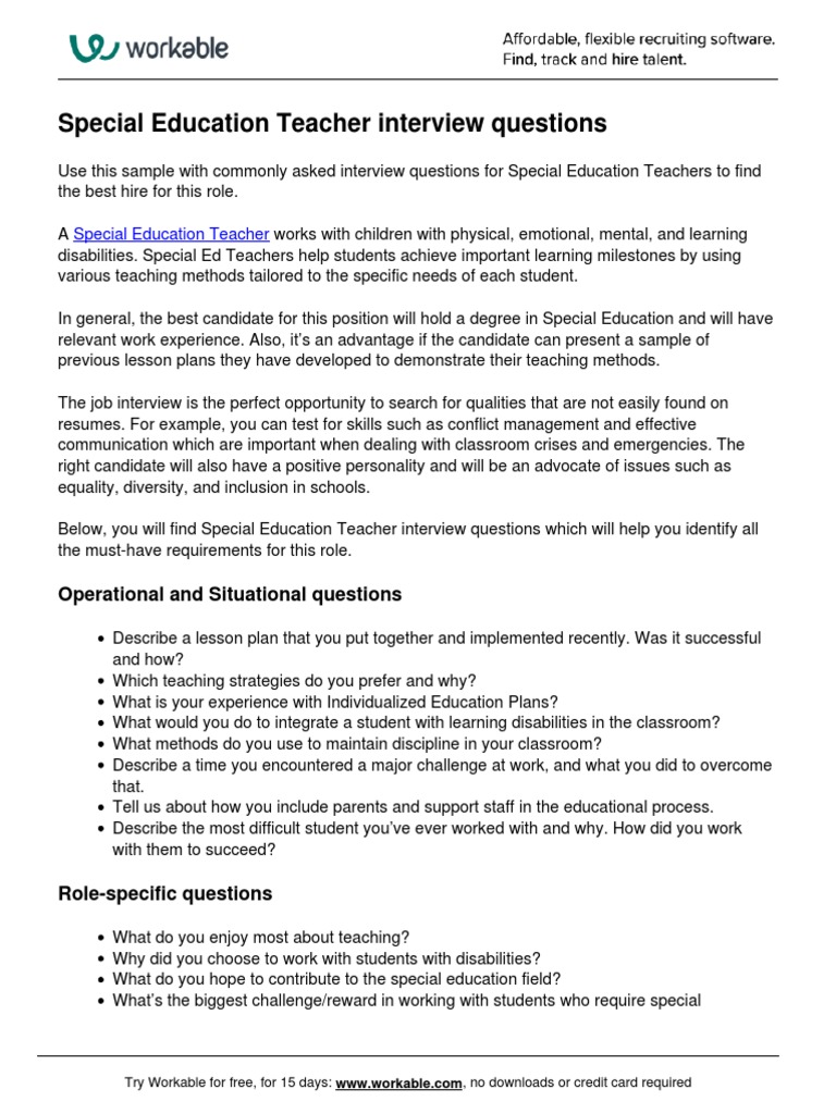 Special Education Teacher Interview Guide | PDF | Special Education ...