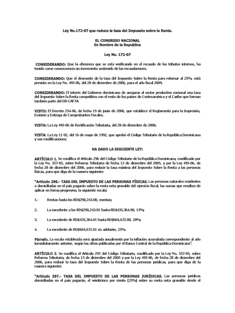 Ley 172-07: Reducción del Impuesto sobre la Renta | PDF | Impuesto ...