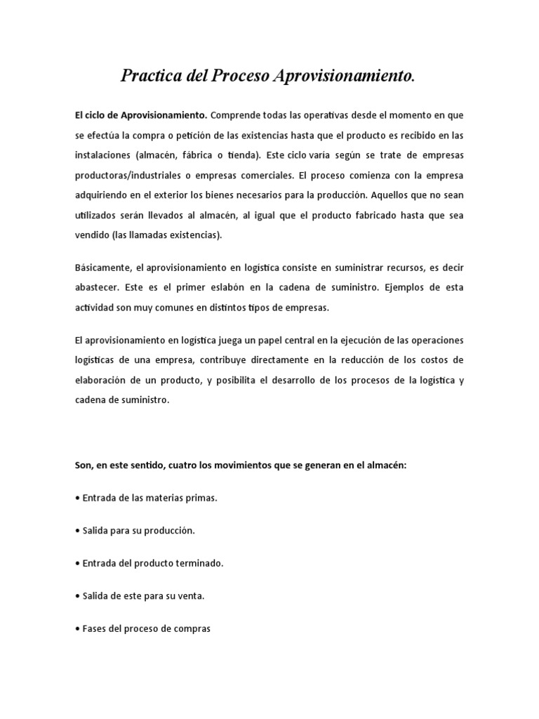 Ejemplos del Proceso de Aprovisionamiento | PDF | Obtención | Logística