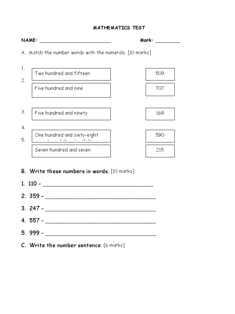 Mathematics Test NAME: - Mark | PDF | Teaching Mathematics