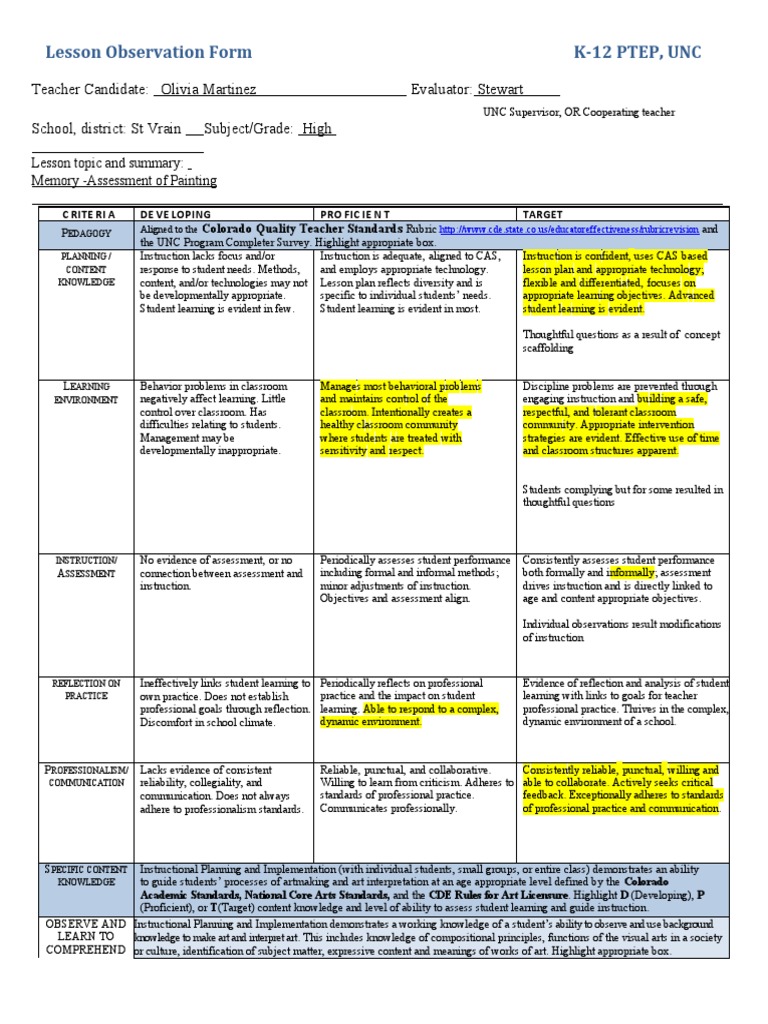 Martinez p1 O2 Art k-12 Lessonobservationform - Connie | PDF ...