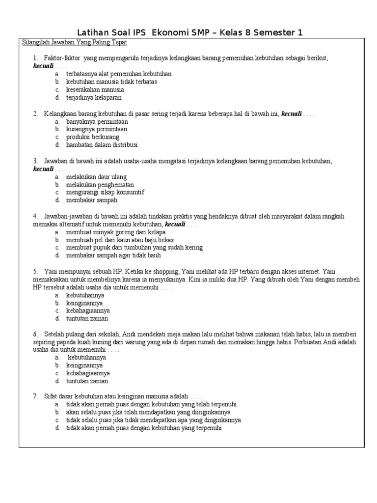 Latihan Soal Ips Ekonomi Smp