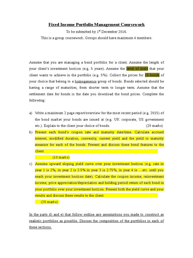 Fixed Portfolio Management Coursework PDF Bonds (Finance