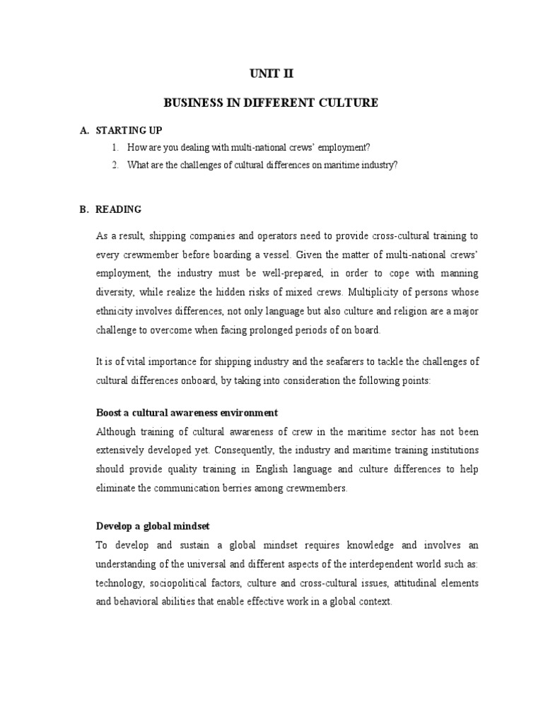 Unit Ii Business in Different Culture | PDF | Mindset | Cultural Diversity