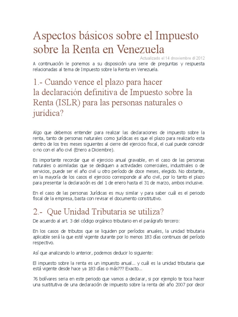 Aspectos Básico Sobre El Impuesto Sobre La Renta en Venezuela | PDF ...