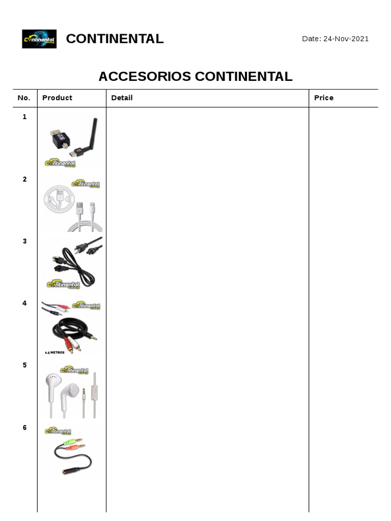 Listado de accesorios Continental con especificaciones y precios, PDF, Hardware de la computadora
