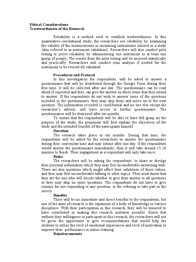 Ethical Considerations | PDF | Questionnaire | Validity (Statistics)