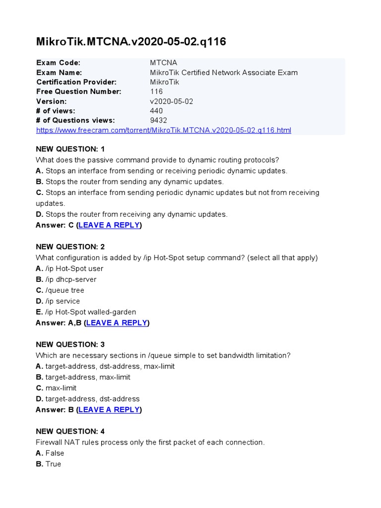 MikroTik MTCNA V2020-05-02 Q116 | PDF | Ip Address | Router.