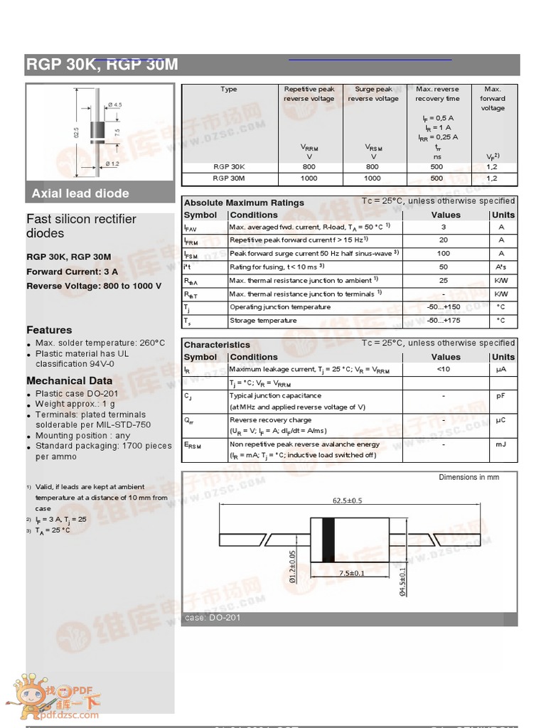 RGP 30K, RGP 30M: Axial Lead Diode | PDF | Diode | Electronics