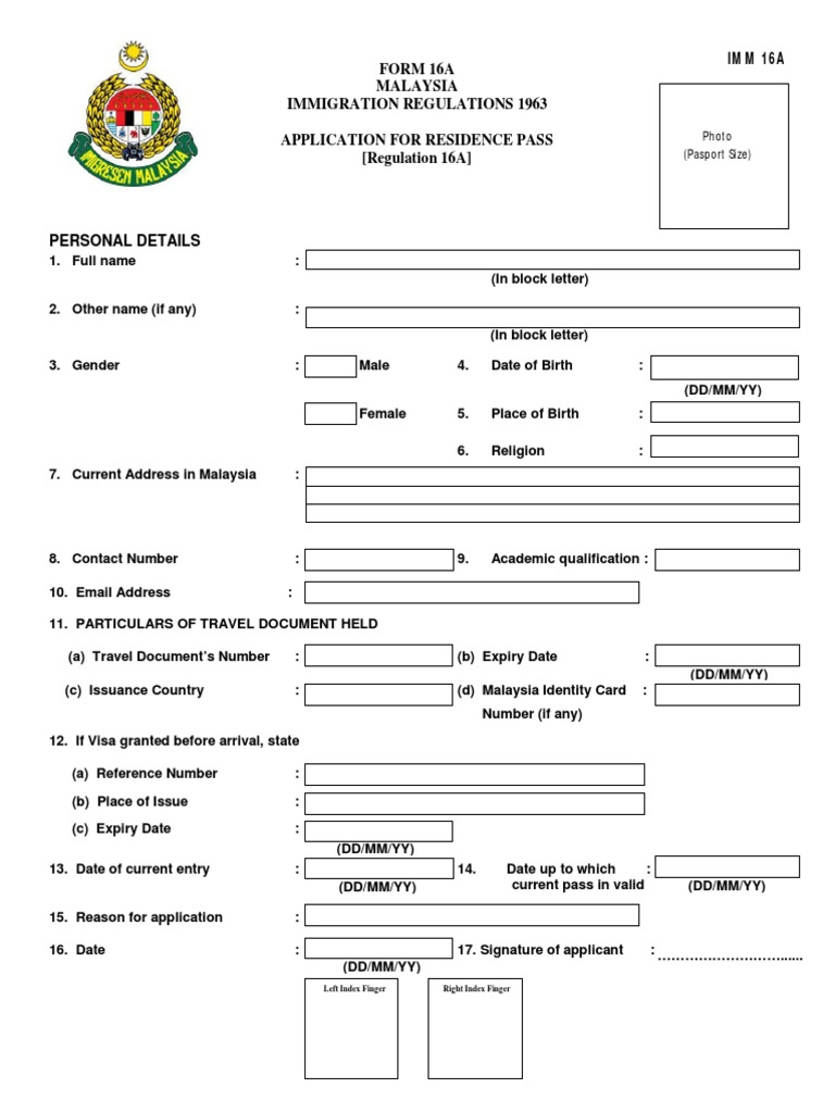 IMM 16A Residence Pass Application Form | PDF | Passport | Government ...