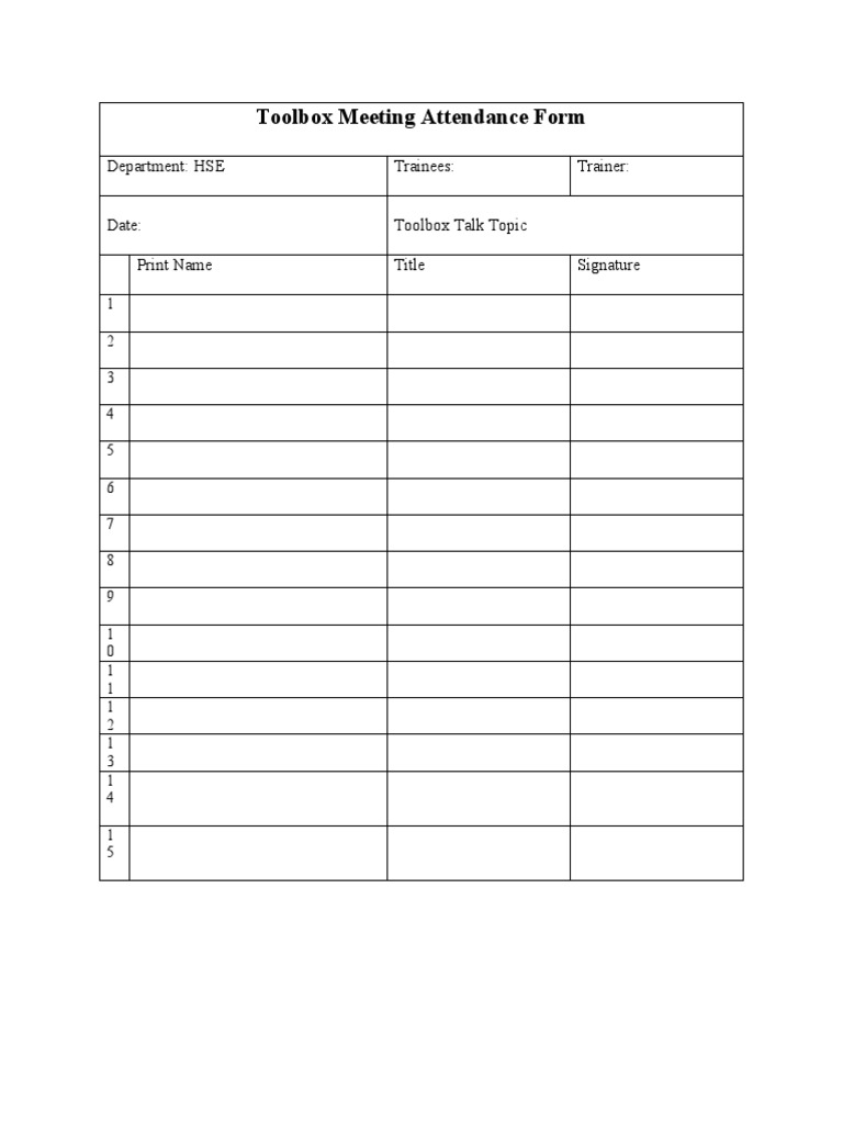 Toolbox Meeting Attendance Form Pdf