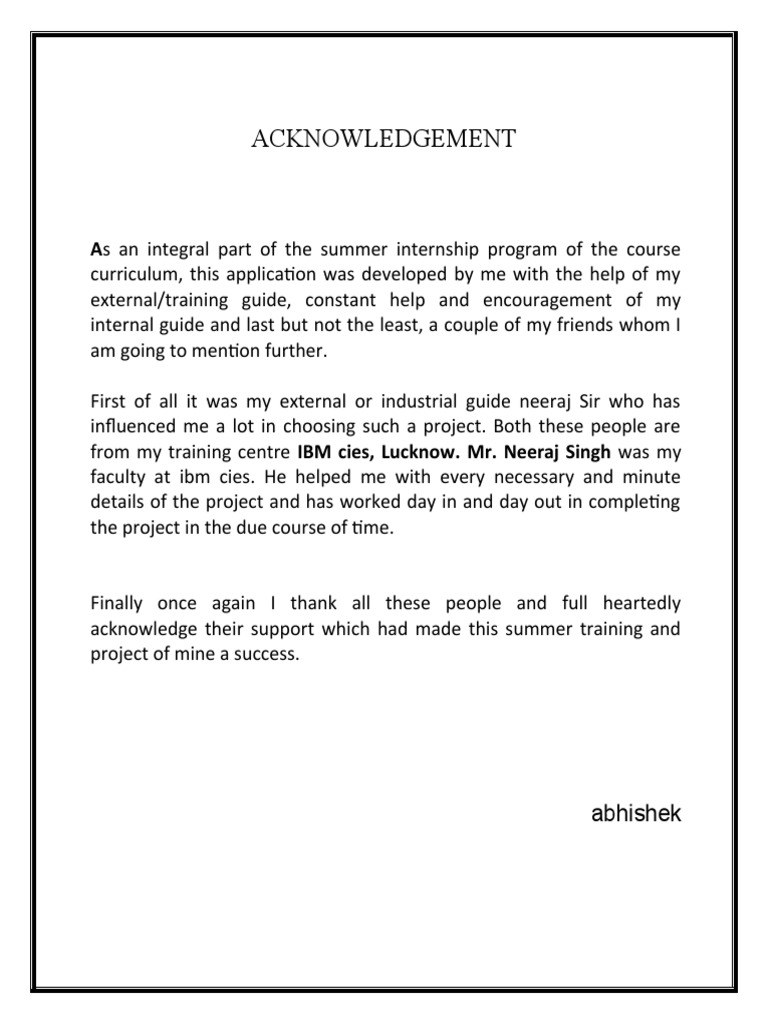 Acknowledgement: As An Integral Part of The Summer Internship Program ...