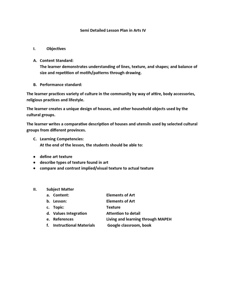 Semi Detailed Arts Lesson Plan IV | PDF | Lesson Plan | Learning