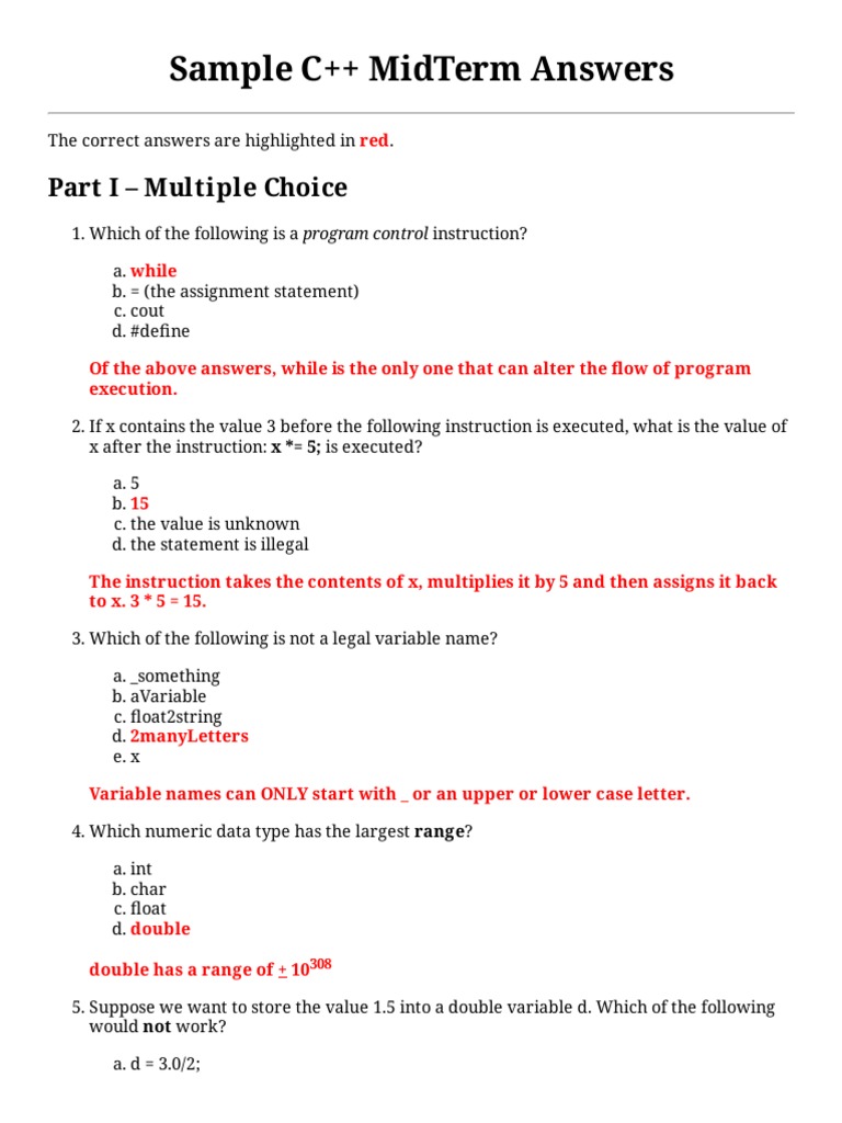 C++ Midterm Exam Sample Answers | PDF | Control Flow | Variable ...