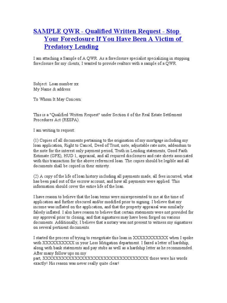 Sample QWR for Foreclosure Relief | PDF | Loans | Debt
