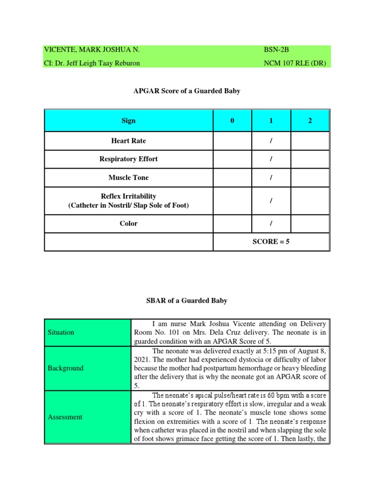 VICENTE, Mark Joshua, SBAR2 (In Guarded Condition) PDF Medical