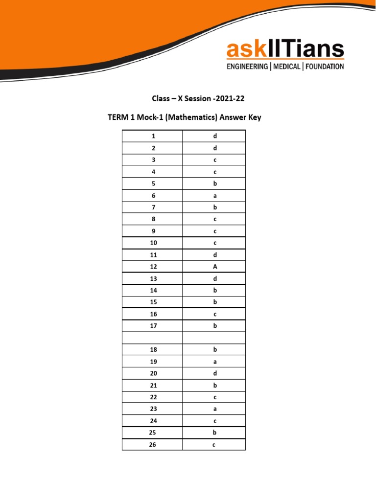 Maths Term 1 Mock 1 Answer Keys | PDF