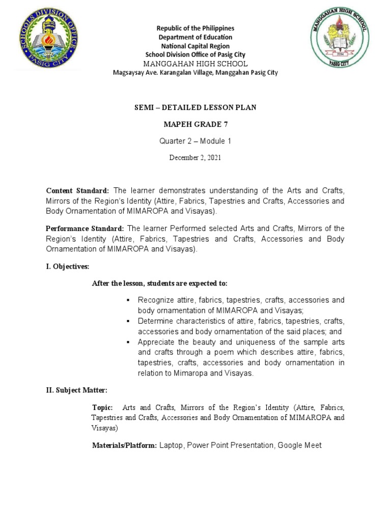 Grade 7 MAPEH Lesson Plan: Arts & Crafts | PDF | Cognition ...