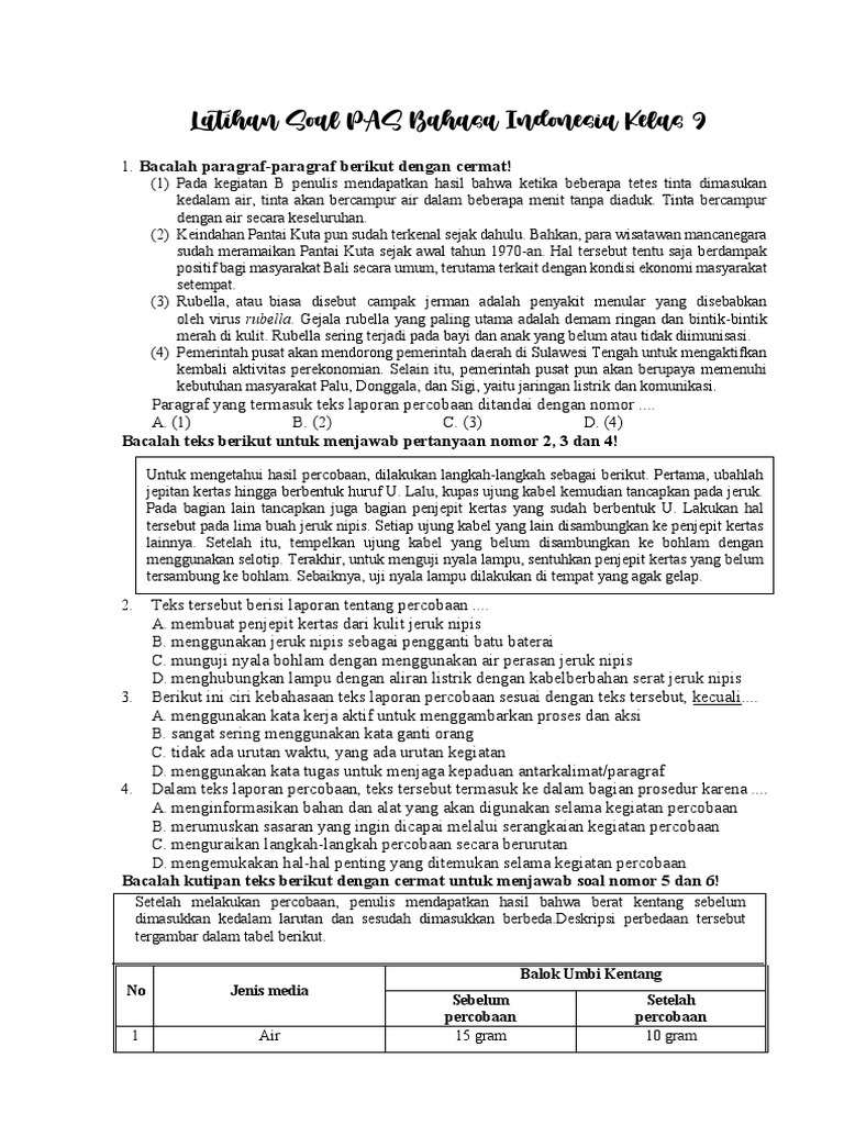 Latihan Soal Bahasa Indonesia Kelas 9 | PDF