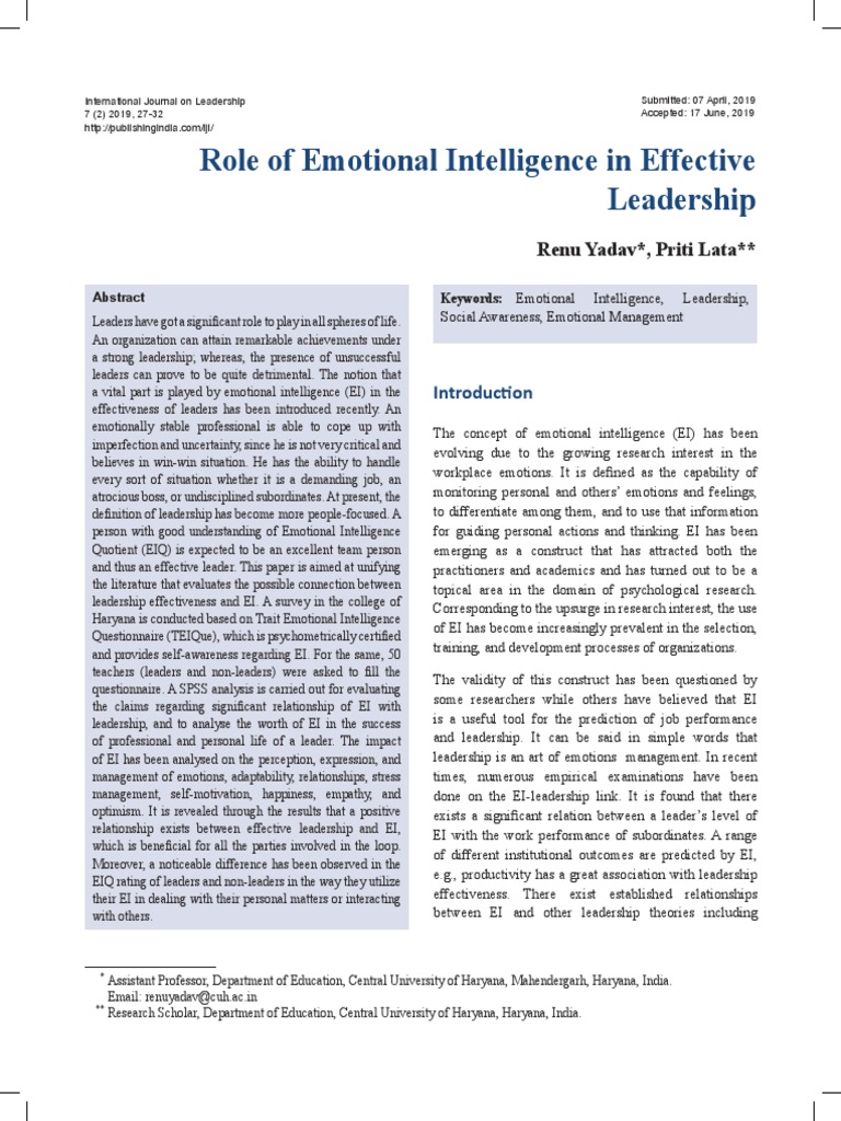Role of Emotional Intelligence in Effect | PDF | Emotional Intelligence ...