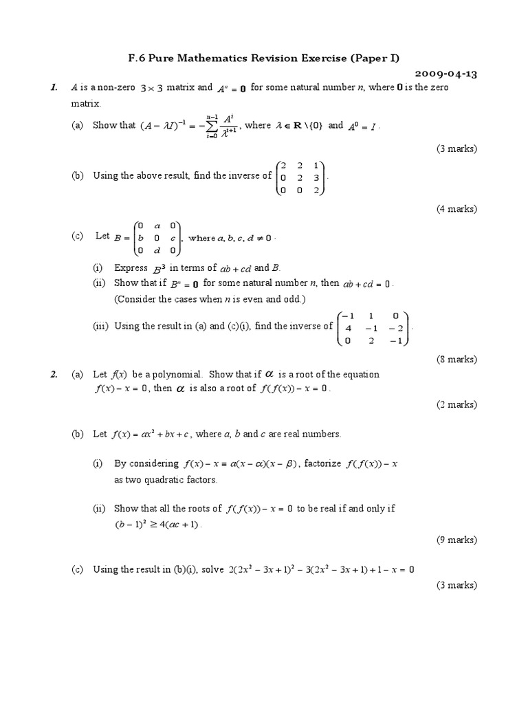 F.6 Pure Mathematics Revision Exercise | PDF | Elementary Mathematics ...