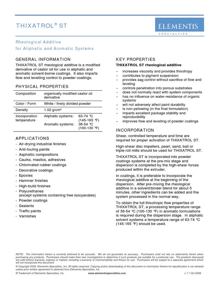 Thixatrol ST Rheological Additive For Aliphatic and Aromatic Systems